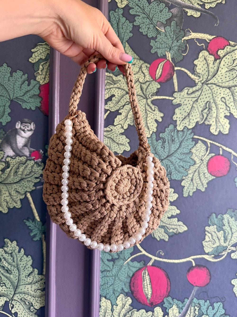 Handcrafted Brown Crochet Pearl-Trim Shoulder Bag